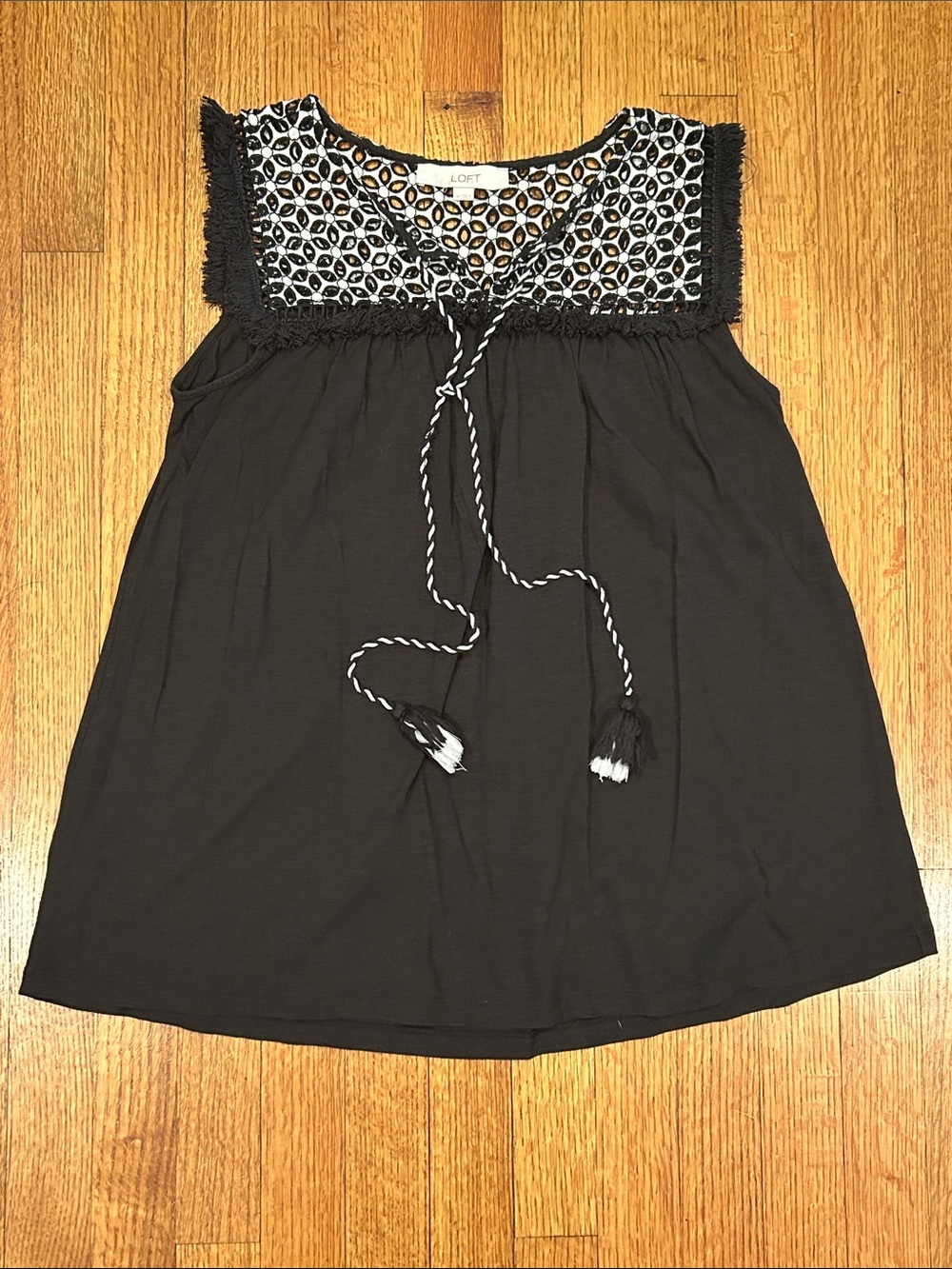 LOFT Black Sleeveless Embroidered Yoke Camisole with Tassel Ties Size Medium